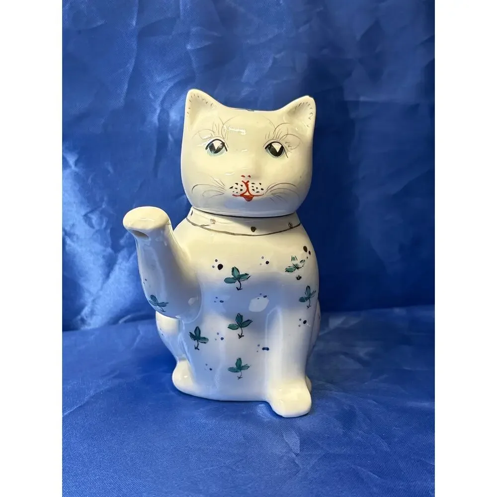 Vintage White Porcelain Cat Teapot Accented with Green Leaf Design